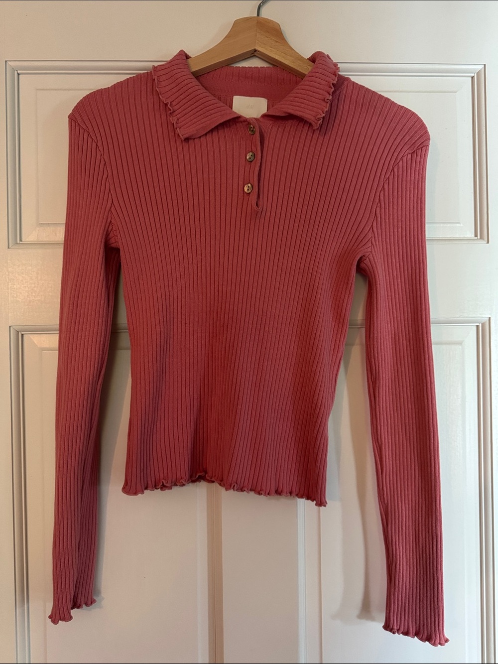 H&M Pink Ribbed Polo-Style Long Sleeve Top